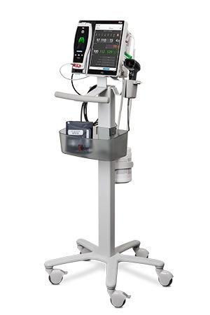 5-parameter cardiac monitor on rent displaying vital signs and multi-jar suction machine for patient home care in Lahore